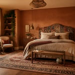 A bedroom that layers global textile traditions — kantha, block print, boucle, brass — into a space that feels both designed and deeply personal.