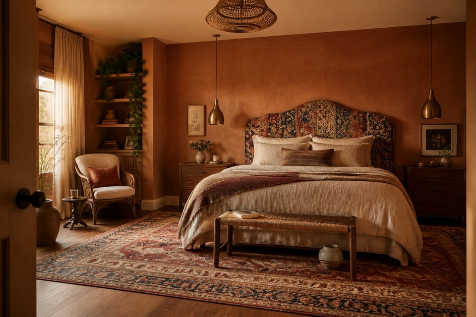 A bedroom that layers global textile traditions — kantha, block print, boucle, brass — into a space that feels both designed and deeply personal.