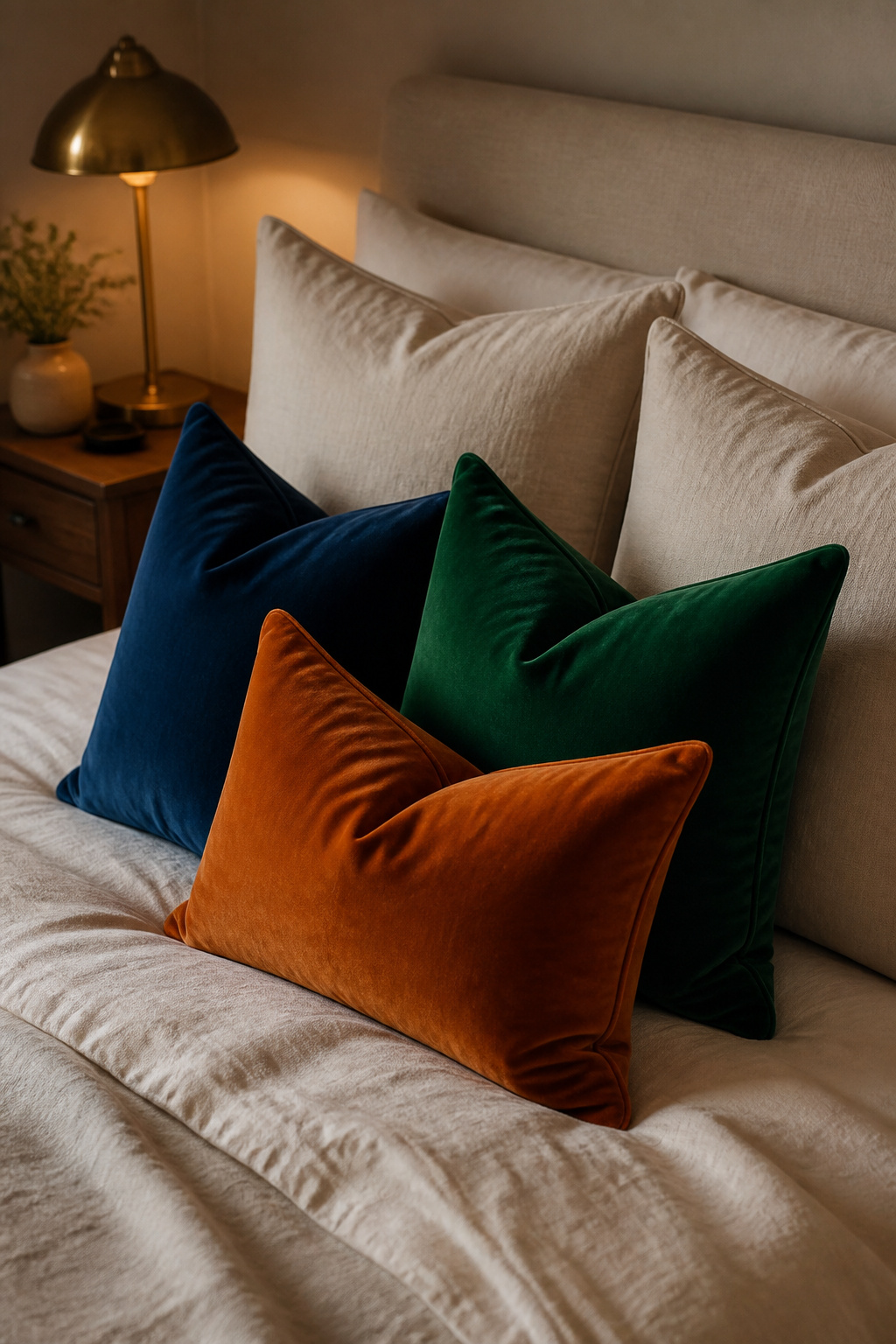 Three jewel-toned velvet cushions against a neutral linen base — the simplest proof that velvet's pile direction does what flat fabric never can.