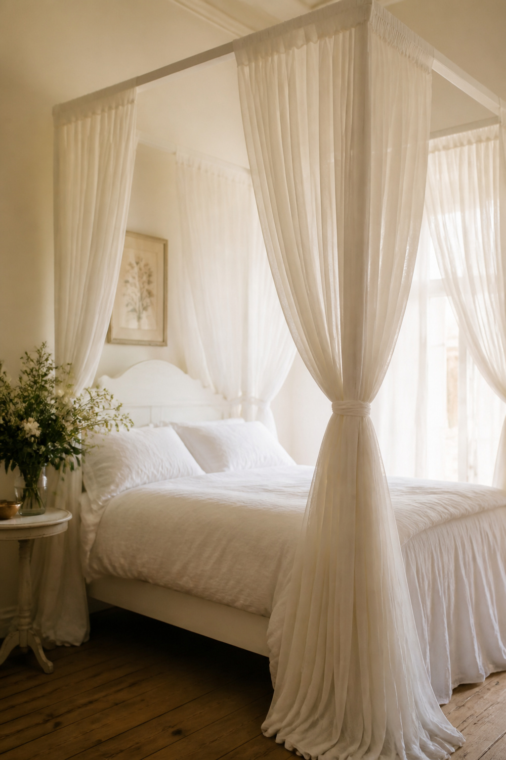 Ivory voile panels on a four-poster frame create a bedroom canopy that feels like stepping inside morning light — sheer enough to breathe, dramatic enough to commit to.