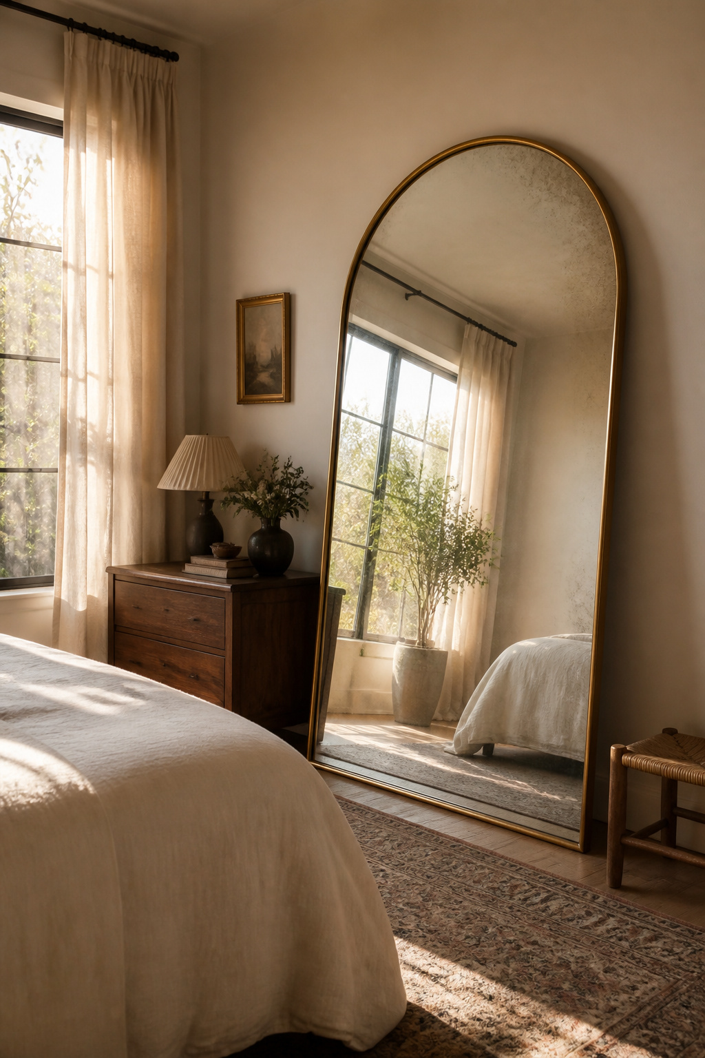 One large antique-finish mirror on a side wall doubles the apparent light in a bedroom without the visual noise of multiple smaller mirrors.