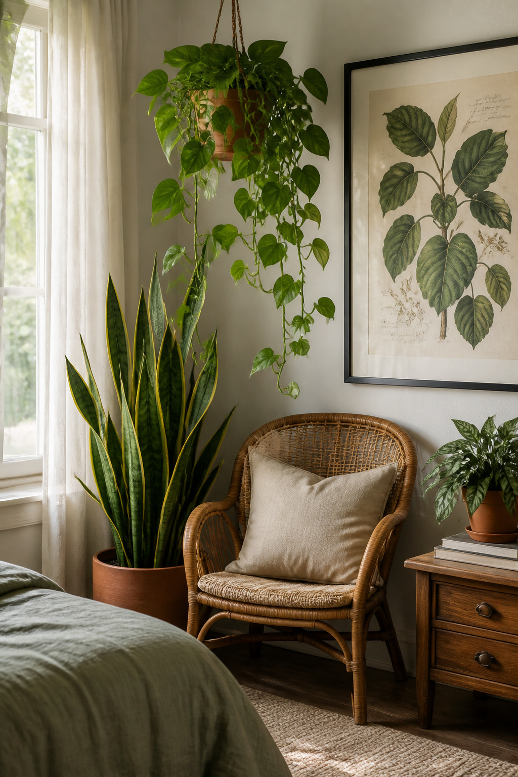 Snake plant, trailing pothos, and a large botanical print create a layered bedroom corner that brings living texture no cushion or frame can replicate.