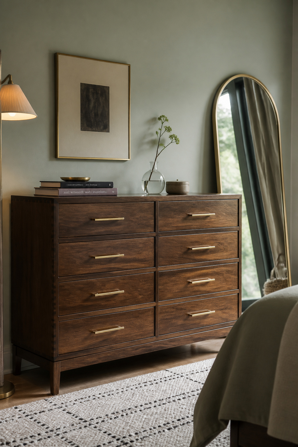 A 1960s solid walnut dresser with new brass hardware — the hardware upgrade alone transforms the piece from inherited furniture to intentional design statement.