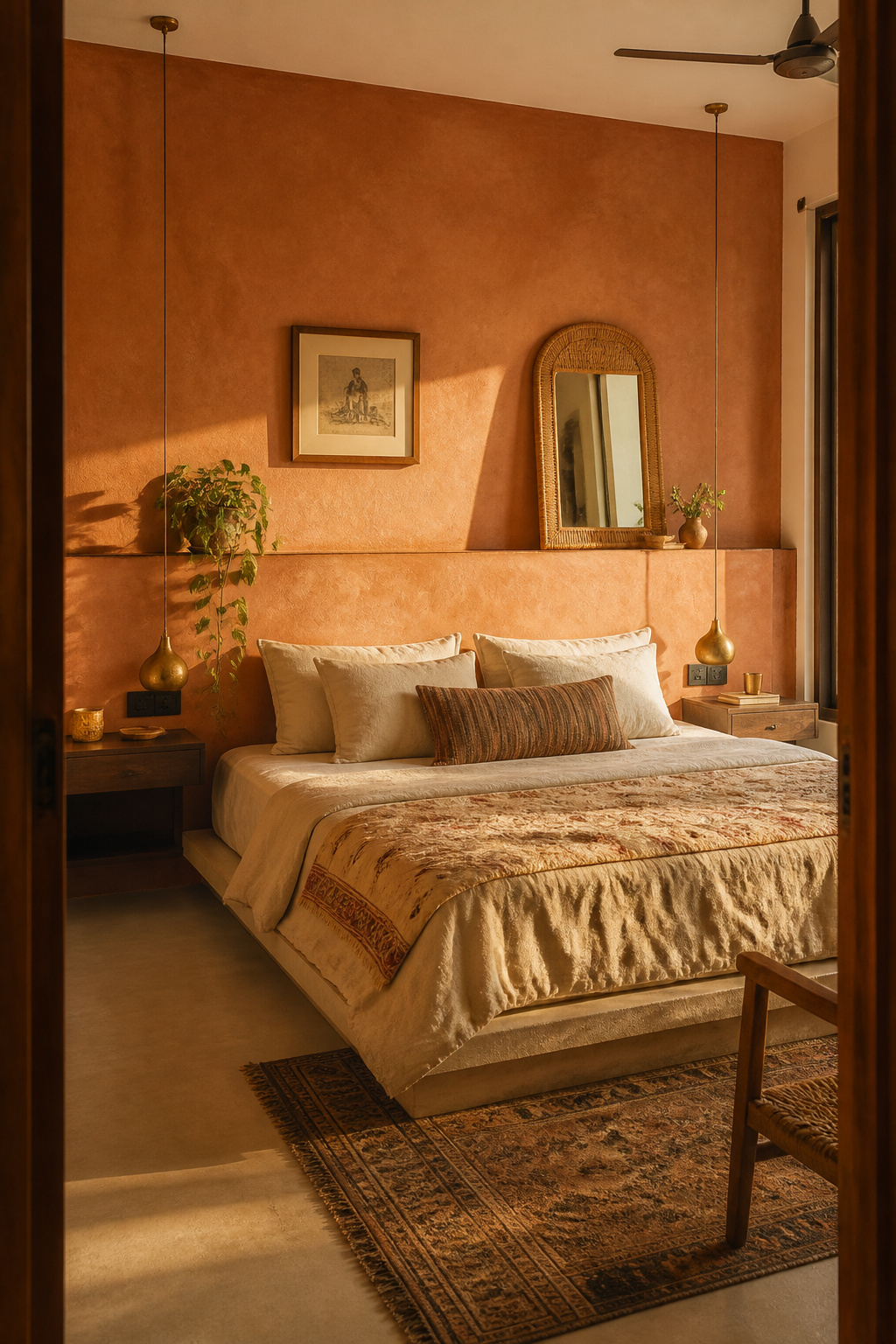 A terracotta limewash accent wall behind the bed creates instant warmth and depth — proving that the right texture is worth a hundred layers of flat paint.