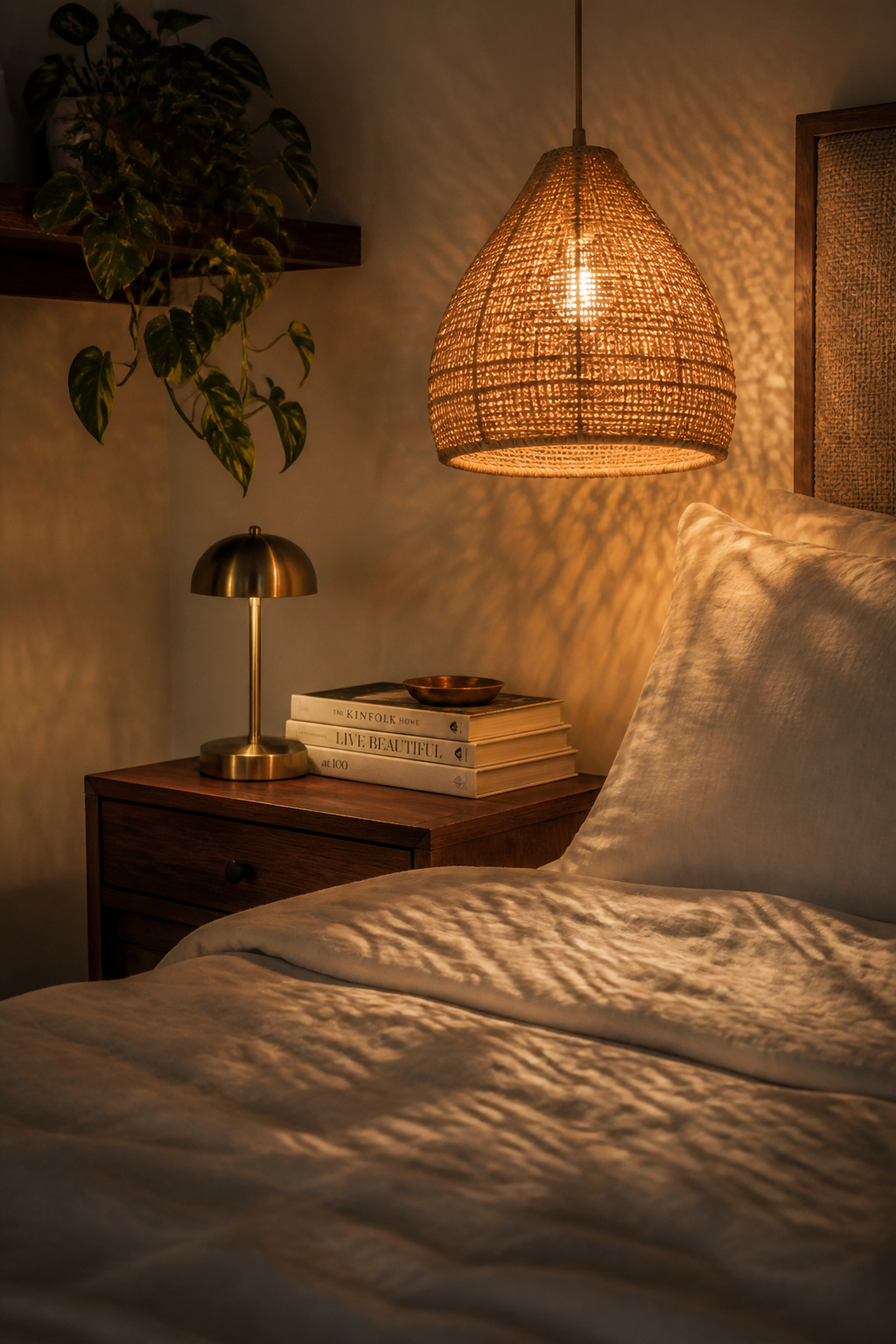 A rattan pendant hung at bedside height replaces a table lamp entirely — freeing up nightstand space and adding organic texture to the room's evening atmosphere.