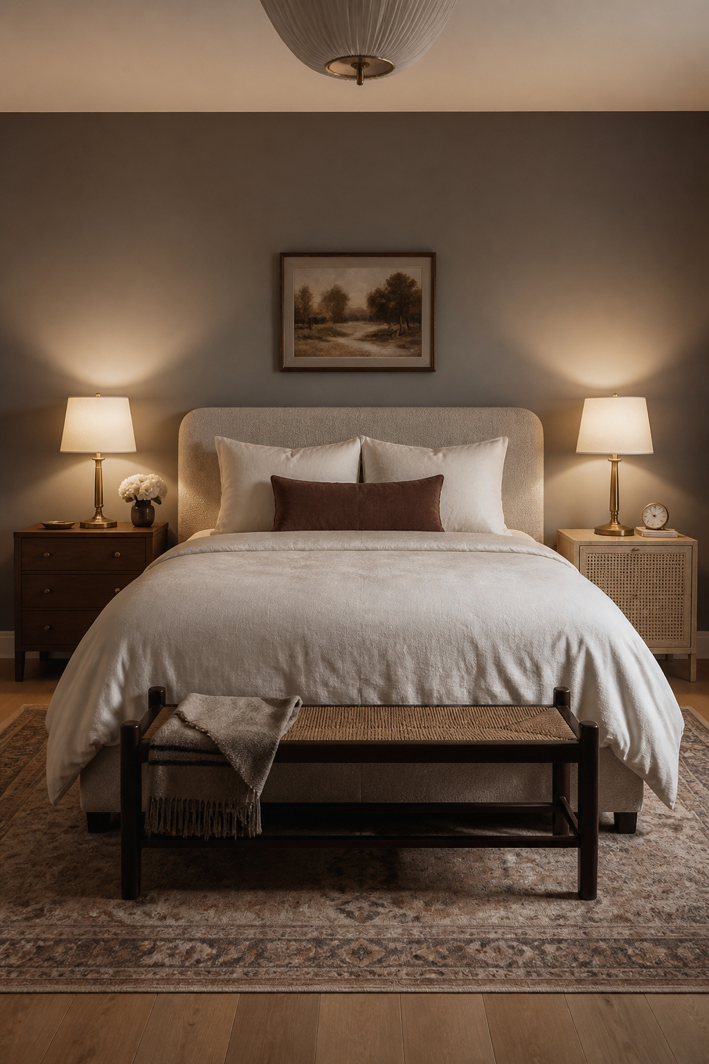 Mismatched nightstands only work when one element ties them together — here, identical brass lamps create visual balance across two completely different pieces.