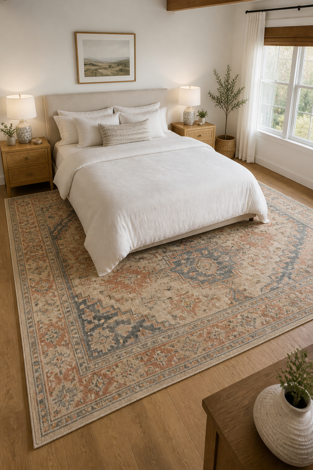 A correctly sized rug — extending 20 inches beyond the bed on both sides — transforms the entire room's sense of proportion and comfort.