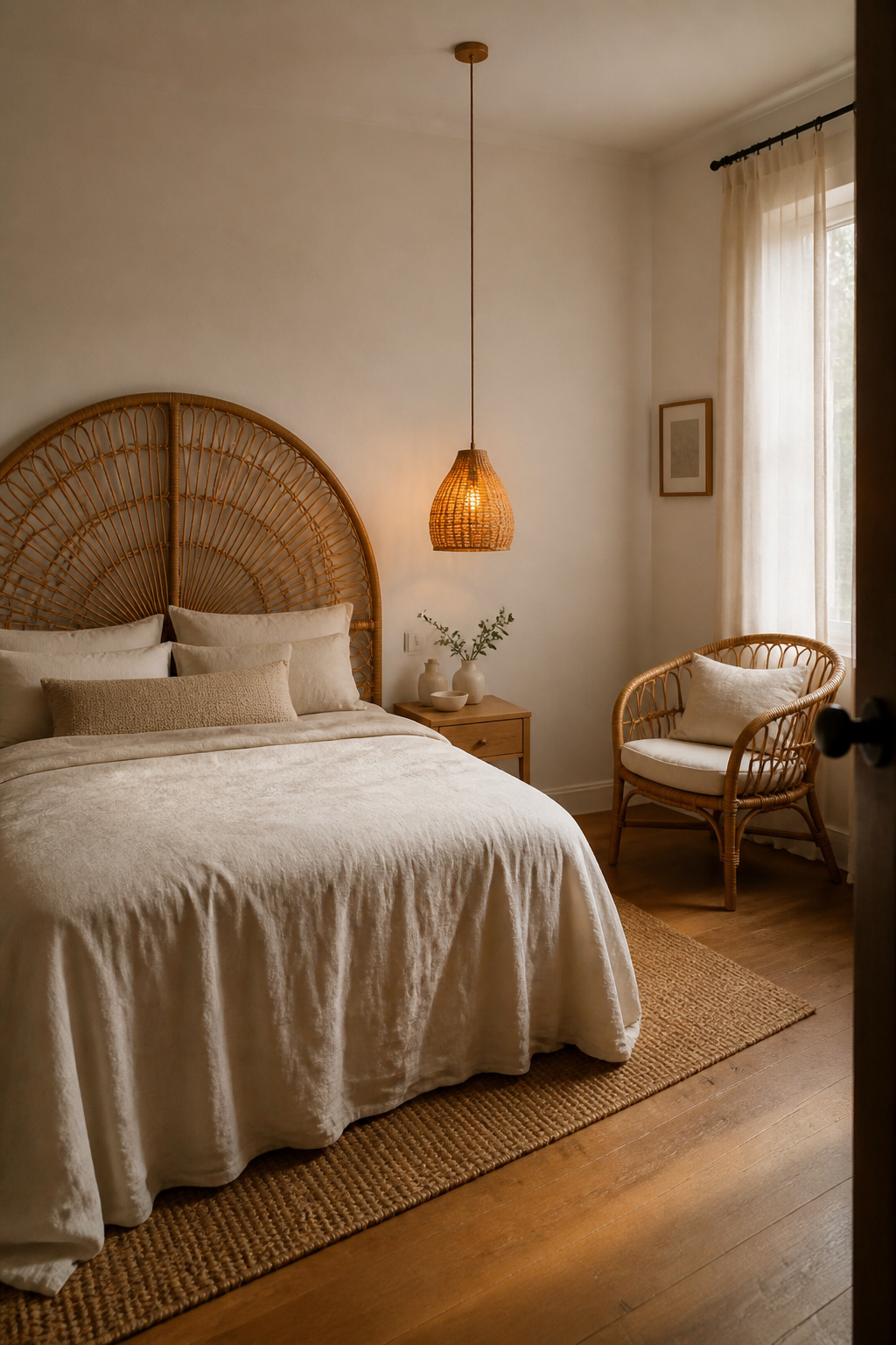 Natural rattan in three strategic pieces — headboard, pendant, accent chair — creates organic warmth without tipping into full boho territory.