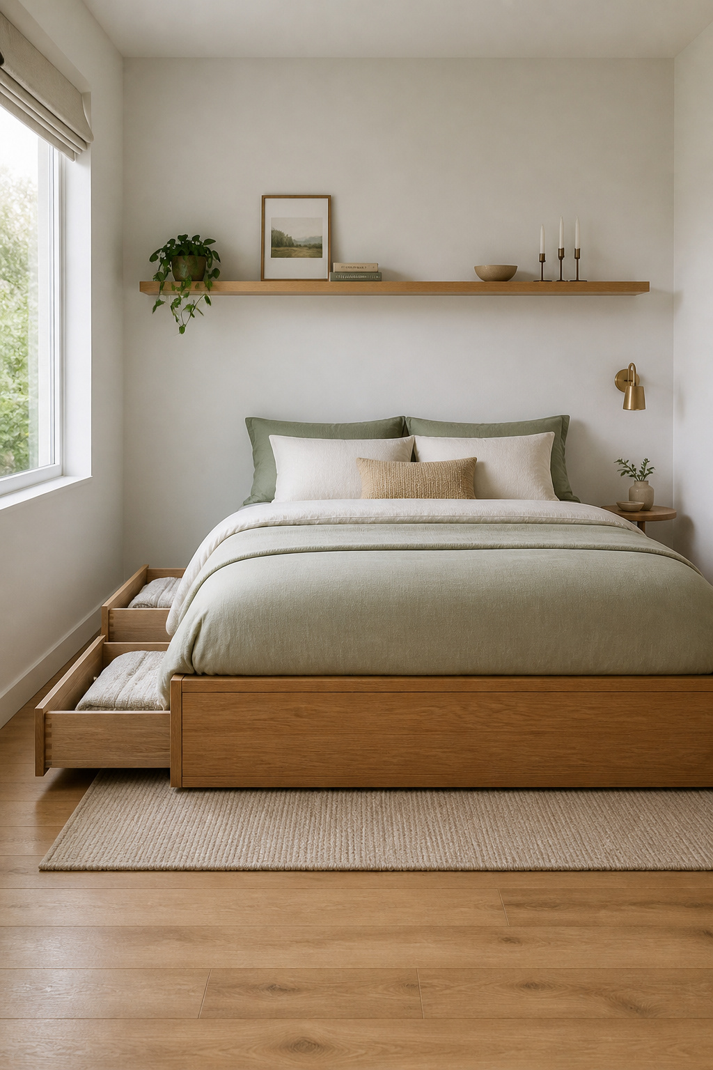 A platform storage bed with dovetailed drawers replaces a full dresser — transforming the dead space under the bed into organized, accessible storage.