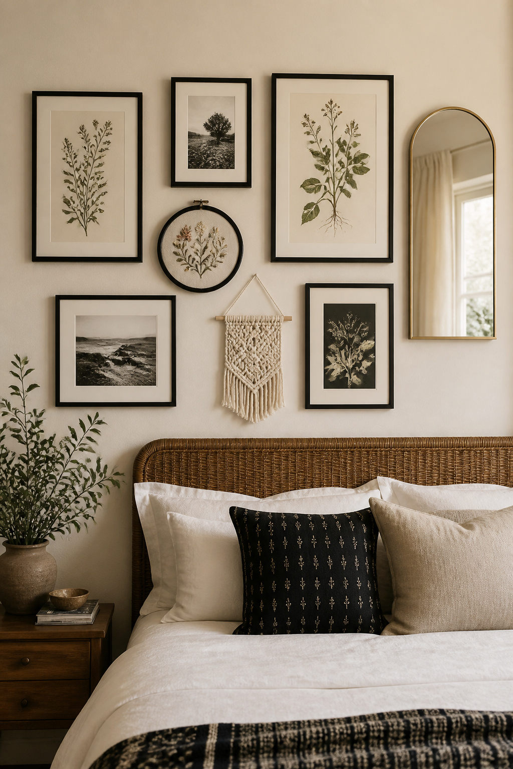 A gallery wall above the bed works when one element unifies it — here, a consistent frame finish anchors botanical prints, photography, and woven pieces into a cohesive collection.