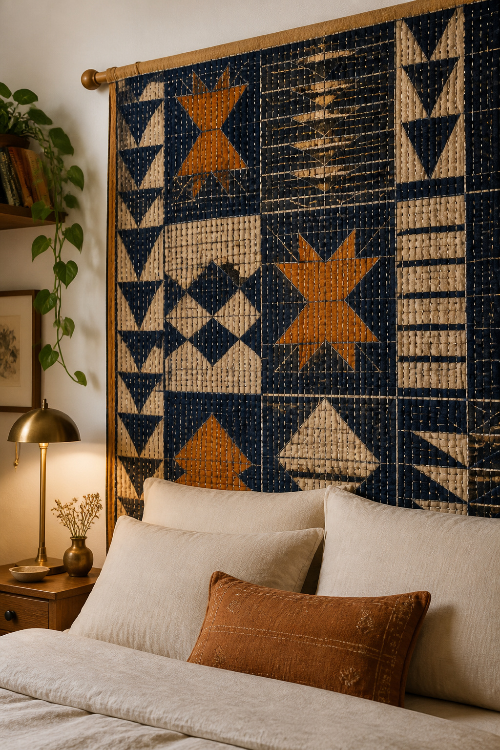 A hand-block-printed kantha quilt hung from a curtain rod becomes an instant headboard — artisan-made, seasonally swappable, and infinitely more interesting than a manufactured alternative.
