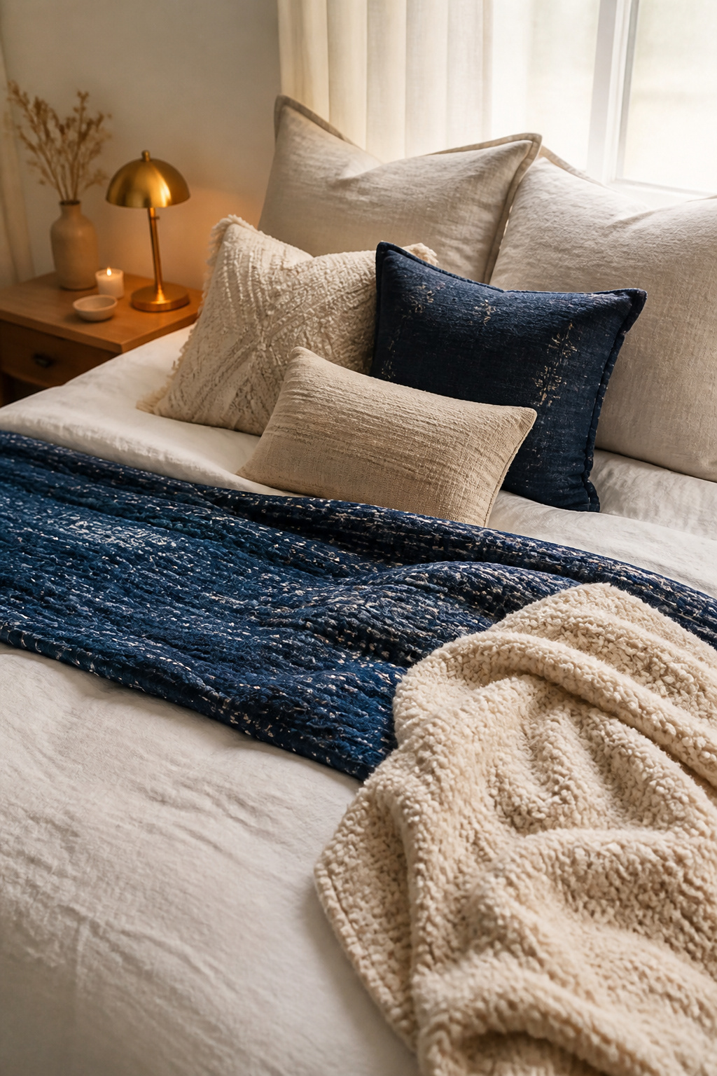 The layered bed formula in action — white linen as the canvas, a hand-stitched kantha quilt as the centerpiece, boucle for texture and warmth.