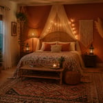 A complete boho bedroom combining rattan headboard, kantha quilt, kilim rug, macramé, and warm multi-source lighting — the layered result that takes months to build and feels like it always existed.