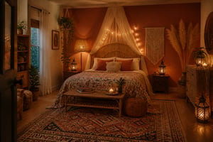 A complete boho bedroom combining rattan headboard, kantha quilt, kilim rug, macramé, and warm multi-source lighting — the layered result that takes months to build and feels like it always existed.
