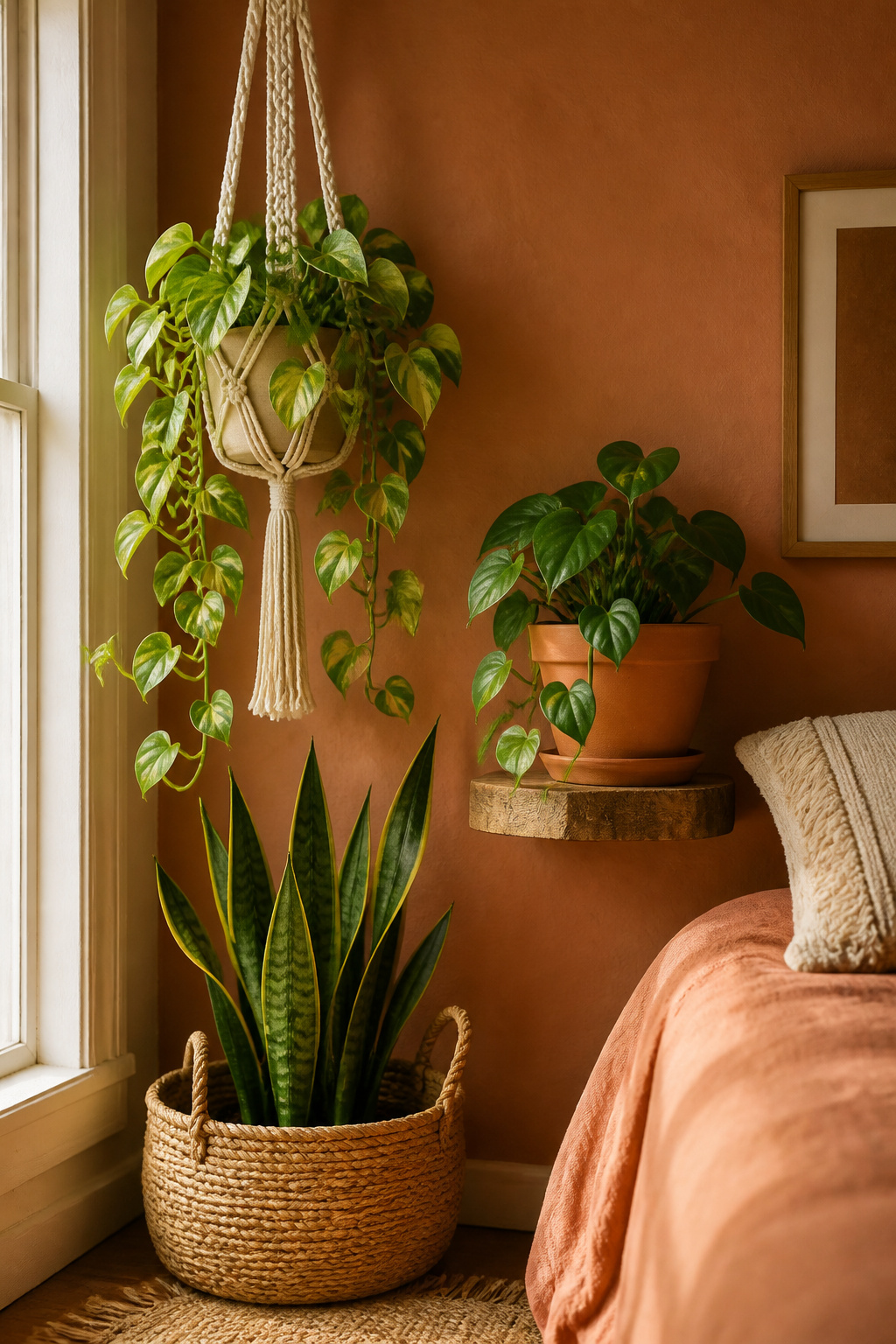 Three plants at three heights — a macramé-hung pothos at eye level, a basket-held snake plant at floor level, and a shelf philodendron between — the arrangement that makes a boho bedroom corner feel genuinely alive.