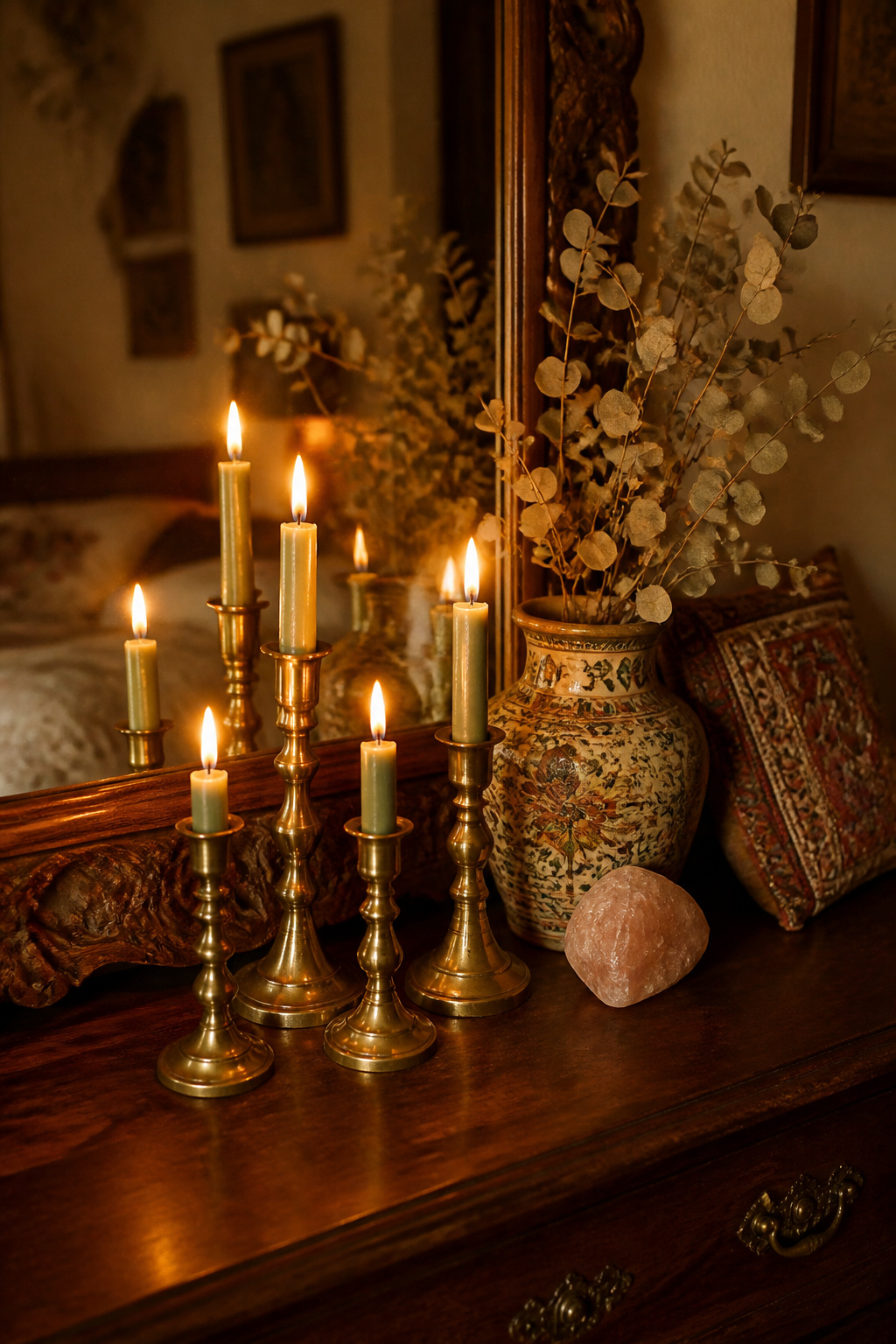 Five brass candlesticks at varied heights, a carved vintage mirror, and a hand-painted ceramic vase — the dresser surface that looks assembled over years because it was.
