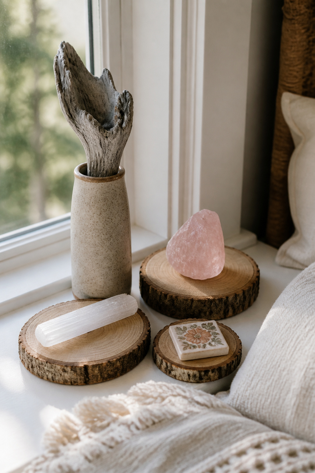 Driftwood, wood slices, and rose quartz in a triangular odd-number arrangement — the natural material cluster that grounds a busy boho room with a moment of quiet.