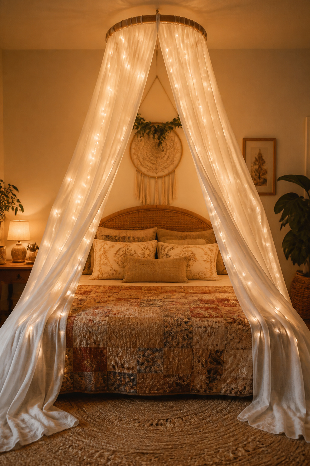 Eight yards of cotton muslin from a ceiling ring, the fabric pooling 8 inches on each side — the canopy that transforms a plain bedroom into a private retreat for the cost of an afternoon and a length of fabric.