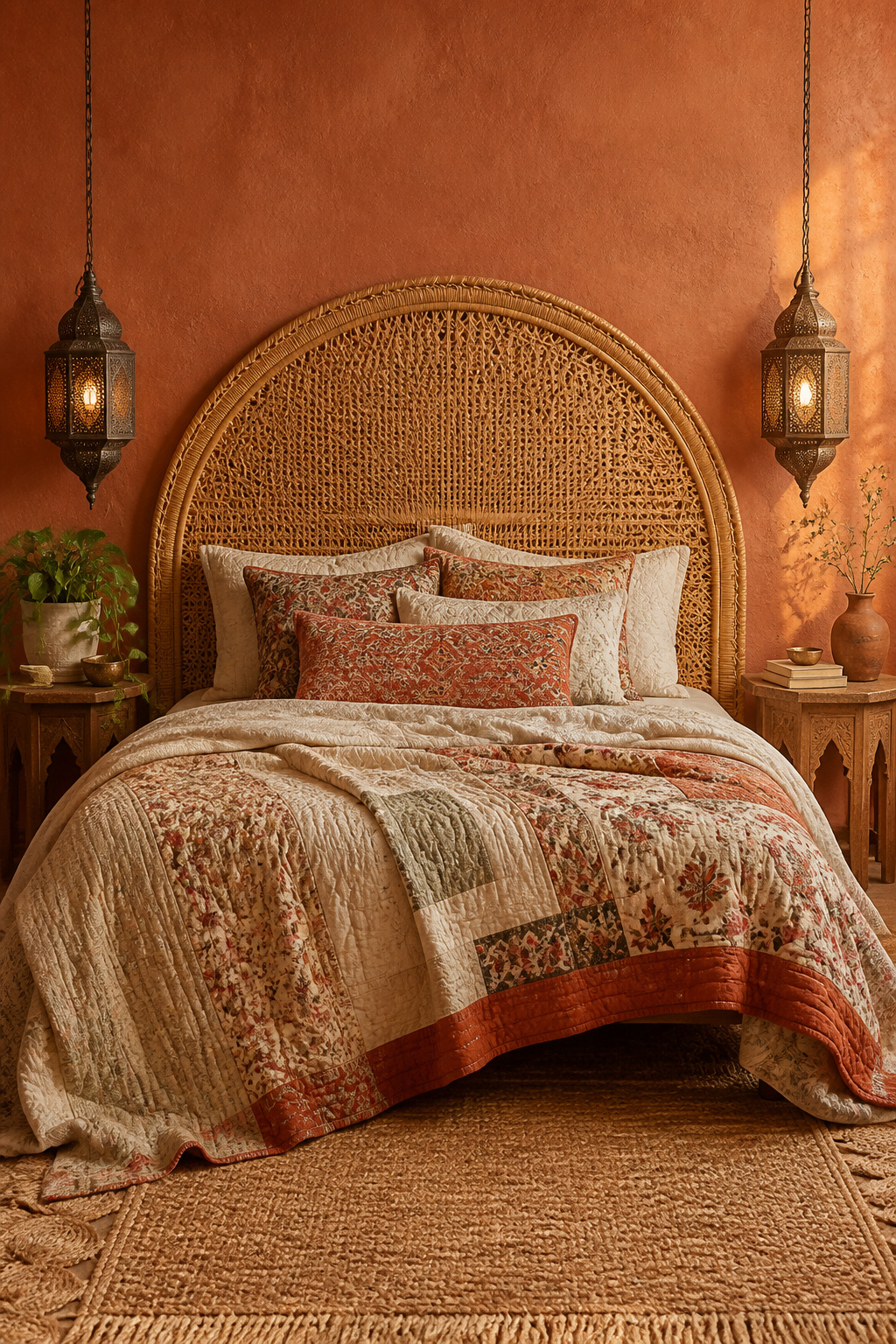 An oversized arched rattan headboard anchors the bed as the room's natural material centrepiece — visible above the pillow stack, its woven texture completing the composition rather than disappearing behind it.