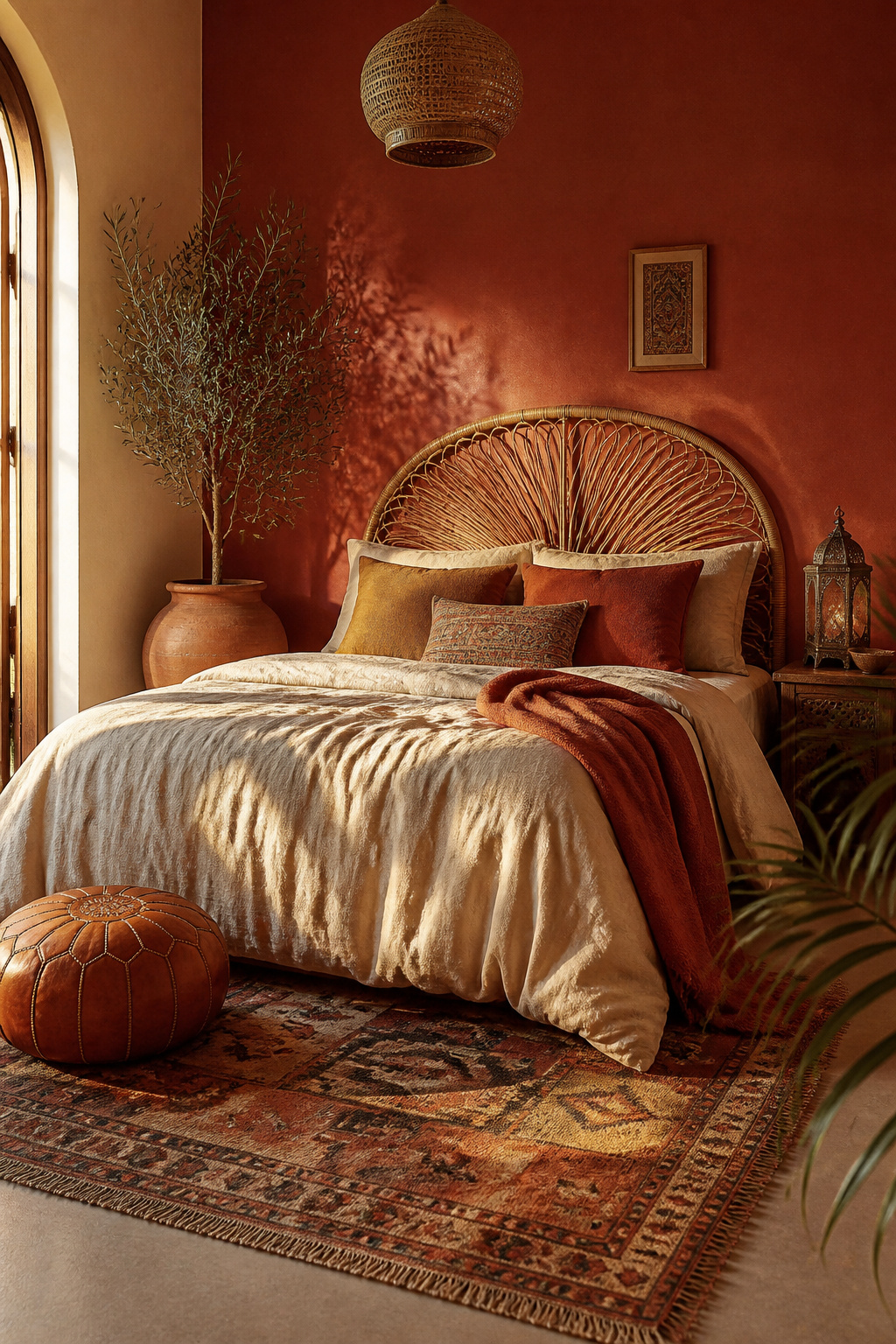 Deep terracotta wall, cream linen base, and ochre-rust accents — the desert-warm boho bedroom color palette that defines 2026's most confident bedroom designs.