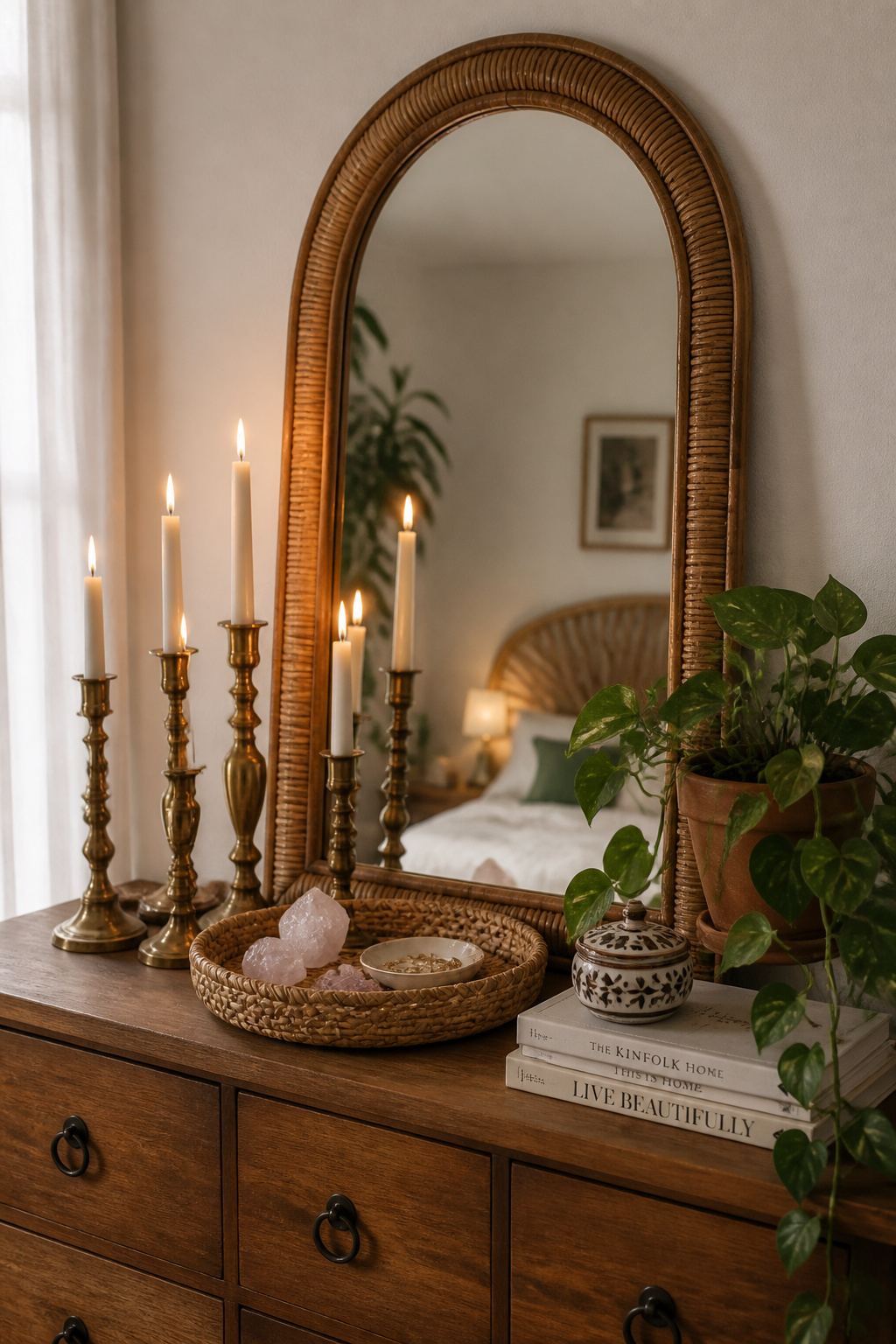 Arched rattan mirror as the vertical anchor, brass candlesticks clustered to the left, a trailing pothos to the right, a woven tray corralling the smaller pieces — the dresser arrangement that holds its composition through daily use.