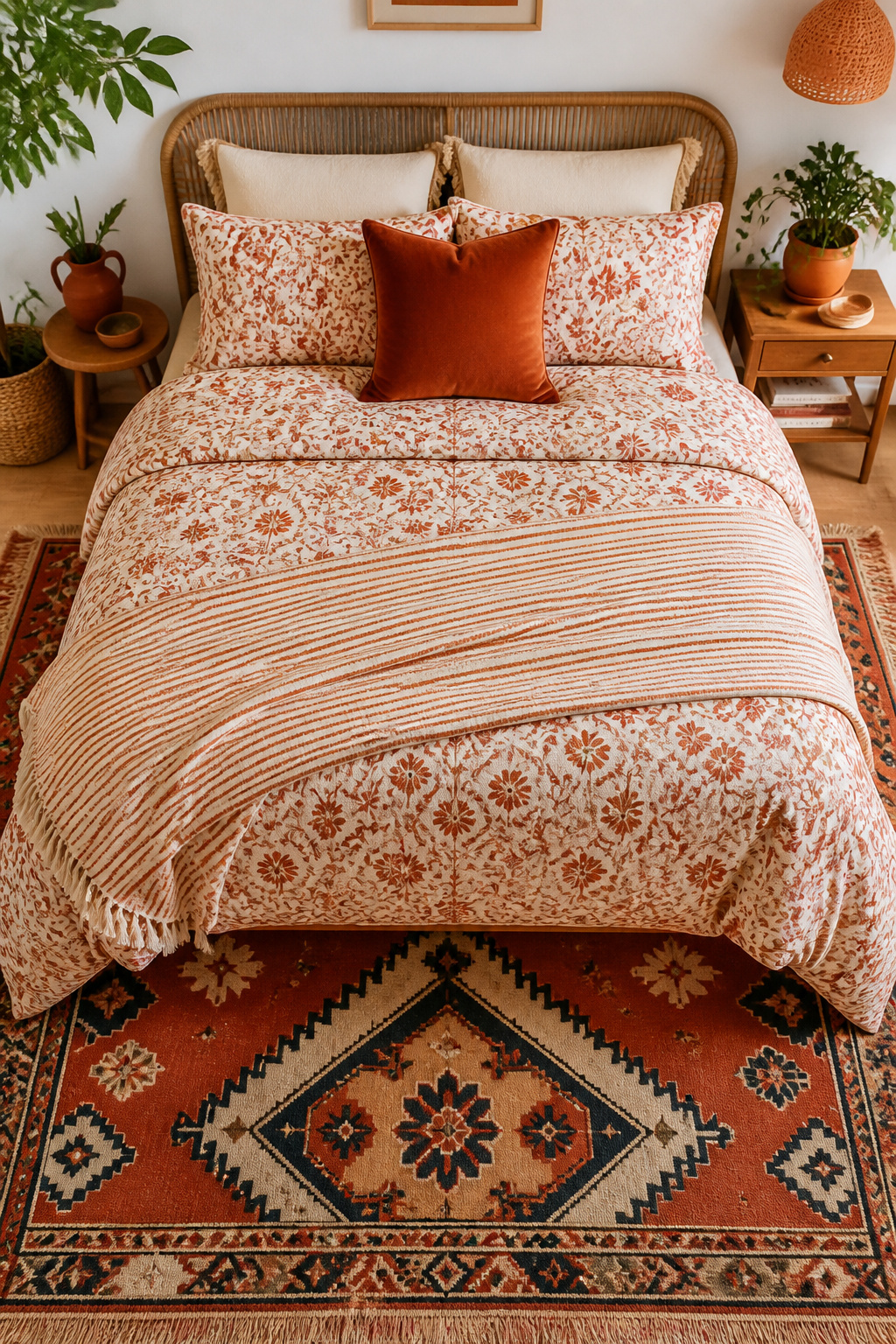Large kilim, medium floral block-print, small-scale stripe, one solid velvet piece — the three-scale pattern mixing formula that makes a boho bedroom look intentional rather than overwhelming.