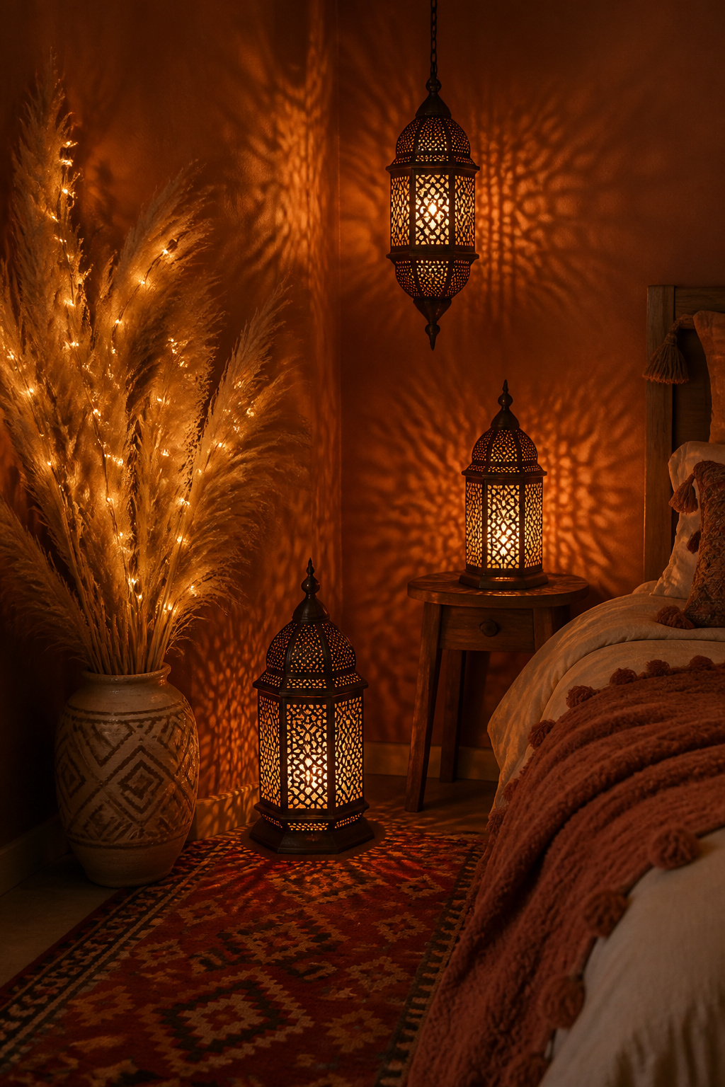 Three Moroccan lanterns at staggered heights plus fairy lights through a pampas arrangement — the layered lighting that turns a corner of a boho bedroom into the room's most atmospheric spot.