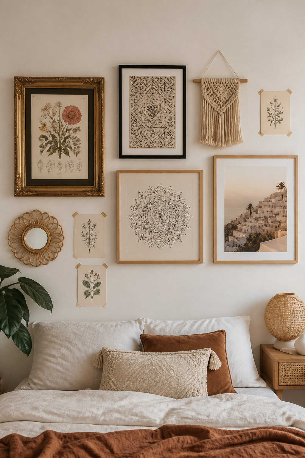 Nine pieces, five frame styles, four different art mediums — the gallery wall that reads as collected because it was, gathered from different sources rather than ordered as a set.