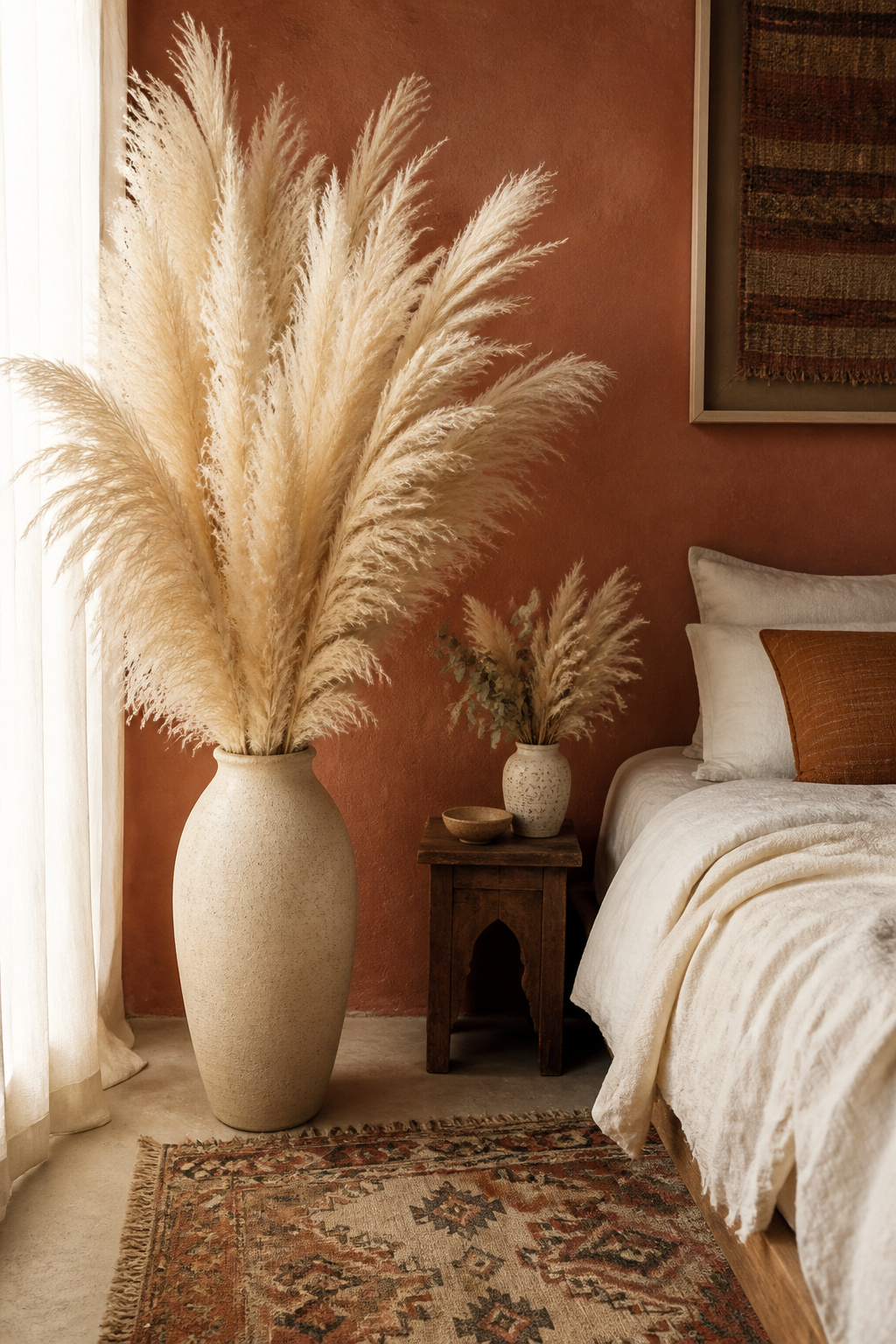 Pampas grass in a tall narrow-necked ceramic vase beside the bed — the organic texture anchor that requires nothing except an occasional misting of hairspray.