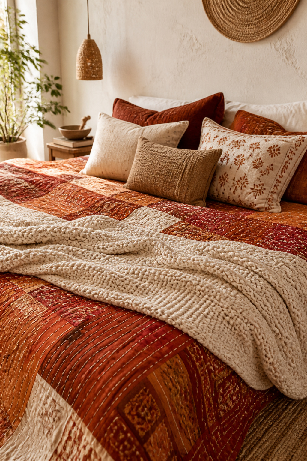 A kantha quilt over crisp white cotton, a chunky knit throw at the foot, and five pillows in three sizes — the layering formula that turns a plain bed into a boho bedroom statement.