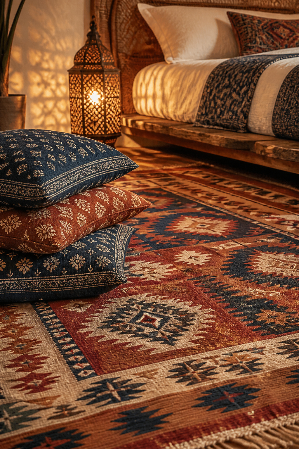 A Turkish kilim, Indian block-print cushions, and a Moroccan lantern — three textile traditions, one shared palette, the global design synthesis that makes boho design so visually rich.