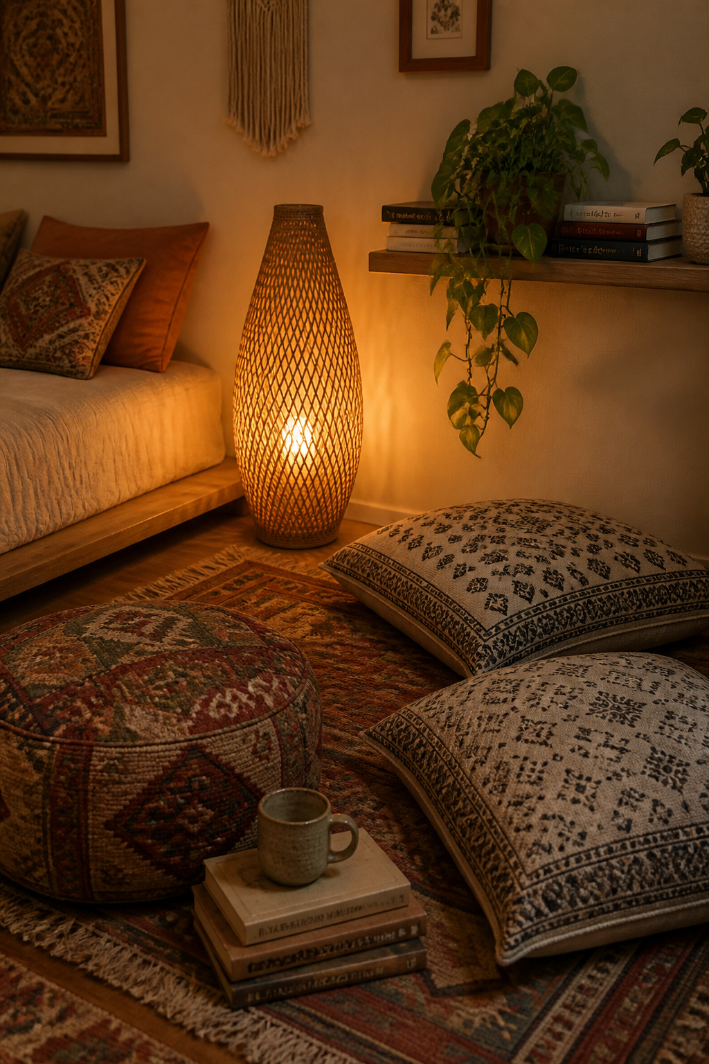 A kilim pouf, two Indian floor cushions, and a layered kilim rug beneath — the reading corner arrangement that makes a boho bedroom feel like a space to live in, not just sleep in.