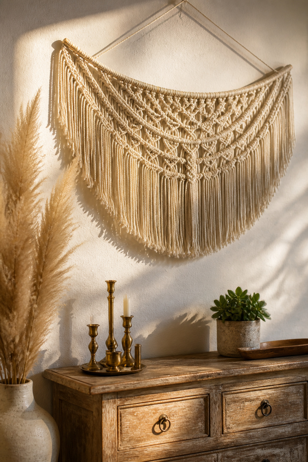 A 48-inch macramé feather piece above the dresser — the knotwork casts actual shadow as the light shifts, adding the kind of physical depth that a flat print simply cannot.