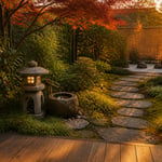 A Japanese-influenced backyard garden at its best hour — stone path, water feature, lantern, and layered planting composing a view that earns the act of sitting and looking at it.