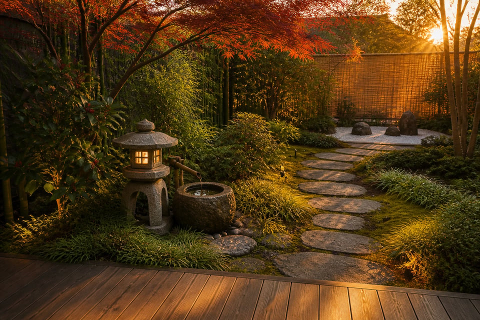 A Japanese-influenced backyard garden at its best hour — stone path, water feature, lantern, and layered planting composing a view that earns the act of sitting and looking at it.