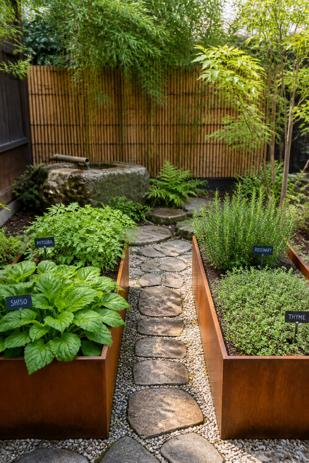 Corten steel raised beds in a simple geometric layout give a kitchen herb backyard garden the ordered visual calm that plastic bins and terracotta pots can never achieve.