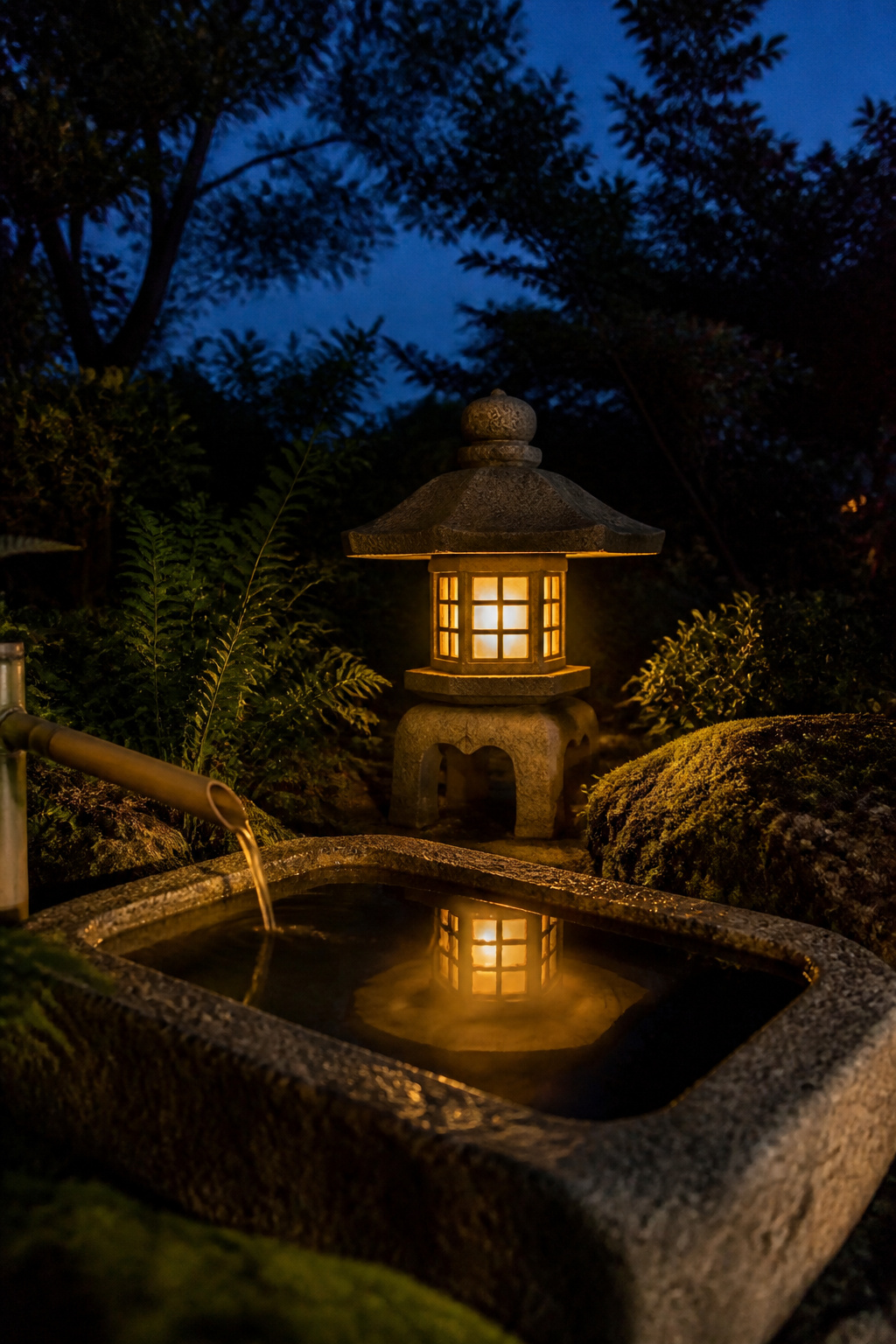 A yukimi stone lantern at 2,700K warm white creates the exact quality of traditional candlelight — and at dusk, its reflection in an adjacent water basin doubles its presence.