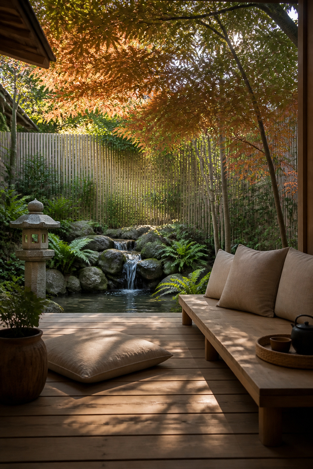 A low timber deck alcove facing a composed garden view is the simplest and most effective way to make a backyard garden a genuine place to be, not just pass through.