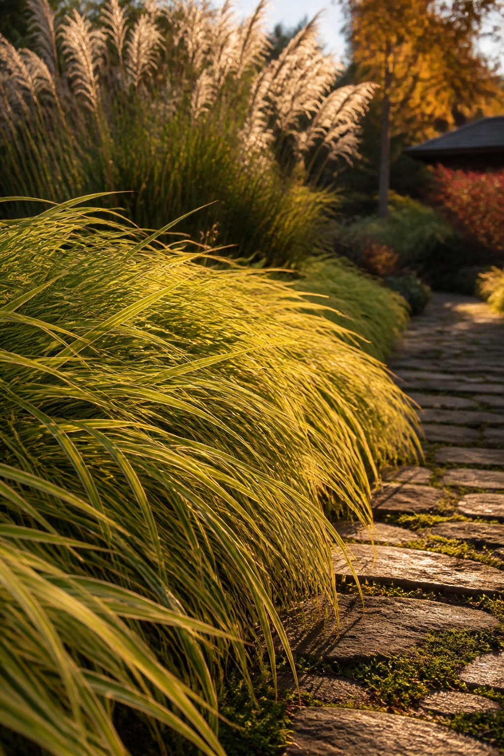 Hakonechloa in backlit late-afternoon light glows rather than reflects — and it moves with every breath of air in a way that no flowering plant manages.