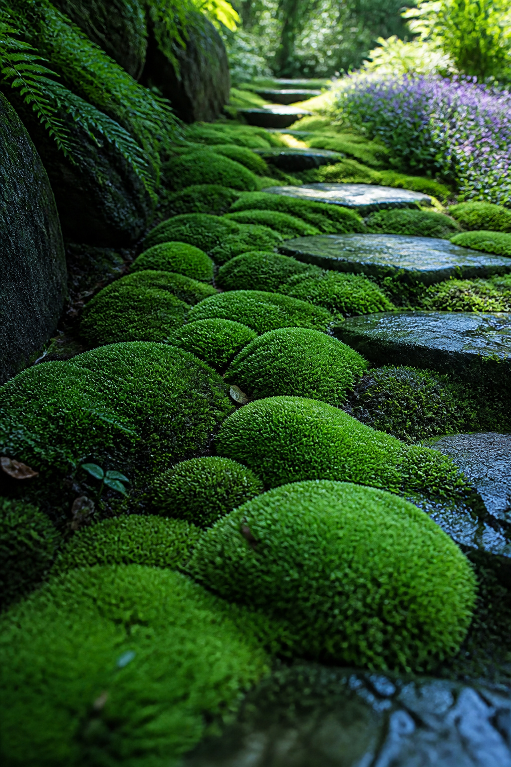 Cushion moss between stepping stones replaces the most persistent maintenance task in any shaded backyard garden — bare soil that needs constant weeding every spring.