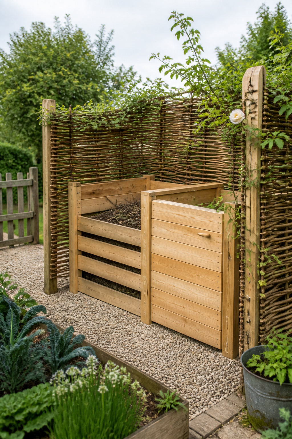 A two-bay larch composting system screened by woven willow hurdles becomes a garden feature rather than a concealed problem — and the climbing rose will complete the disguise by Year 2.
