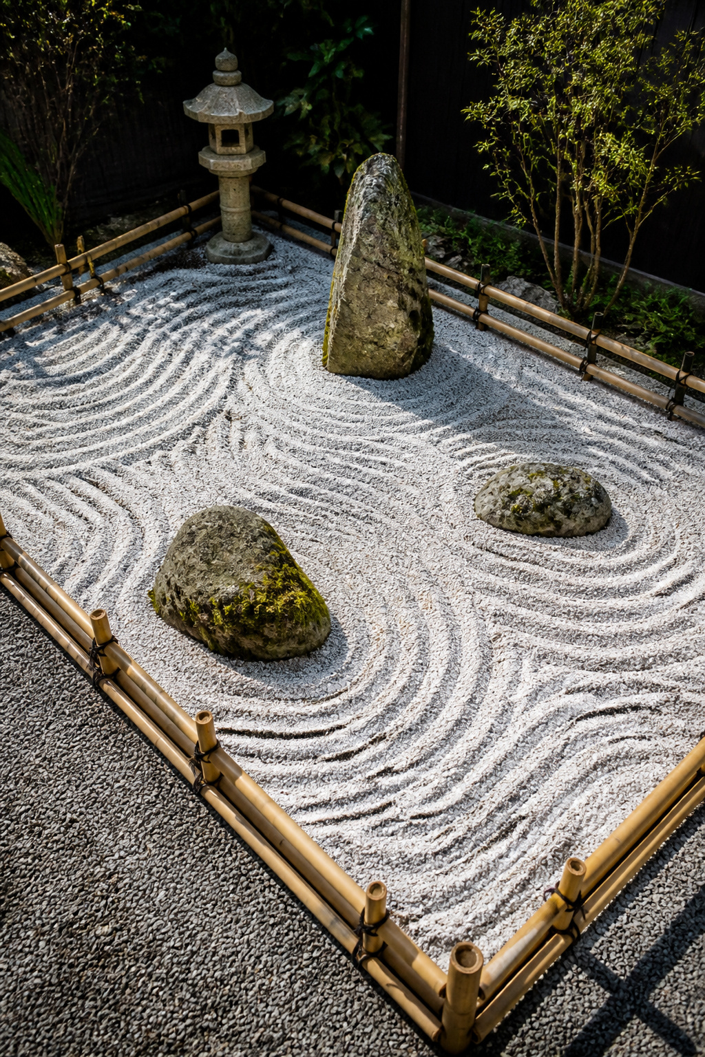 A karesansui dry garden corner needs only raked gravel, three well-placed stones, and the discipline to leave everything else out — the emptiness is the point.