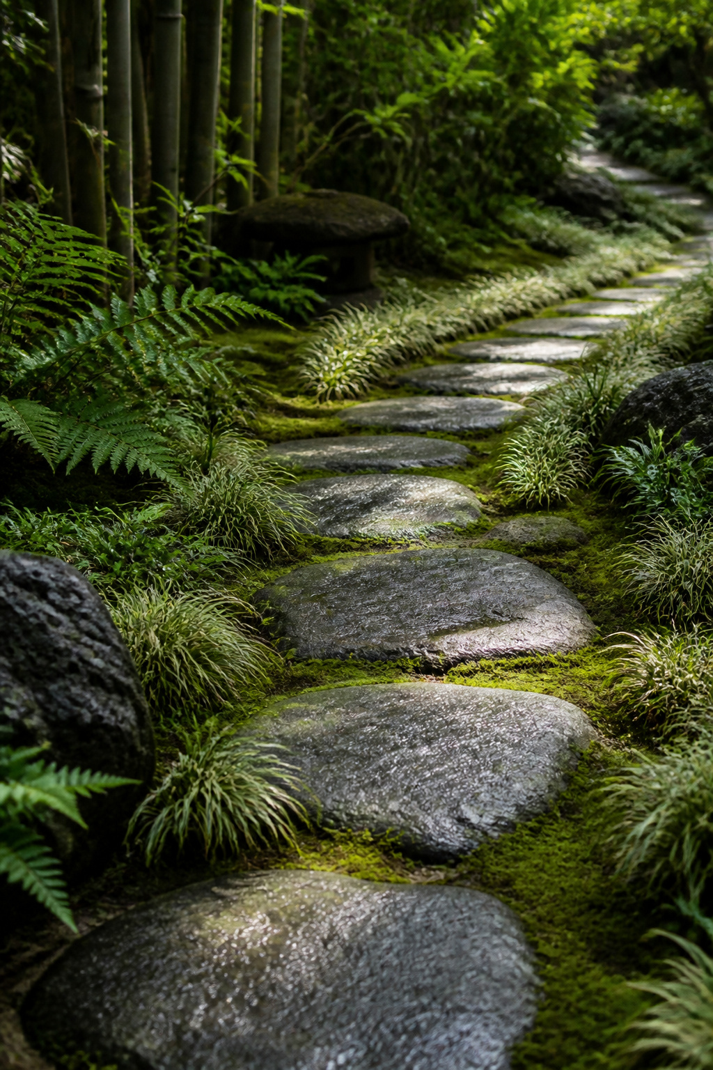 Irregular flagstone stepping stones curved through moss and Hakonechloa ground cover — a roji path that slows the pace deliberately and makes the garden feel twice its size.