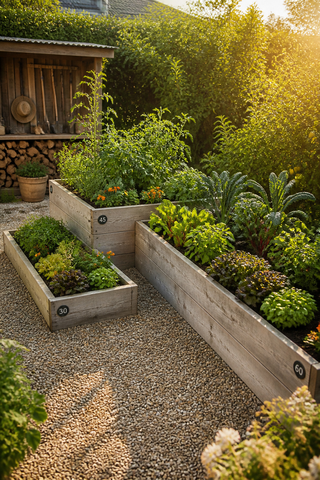 Cedar raised beds at three different heights create visual rhythm in a kitchen garden — and make it possible to garden standing, bending, or kneeling depending on what each bed contains.