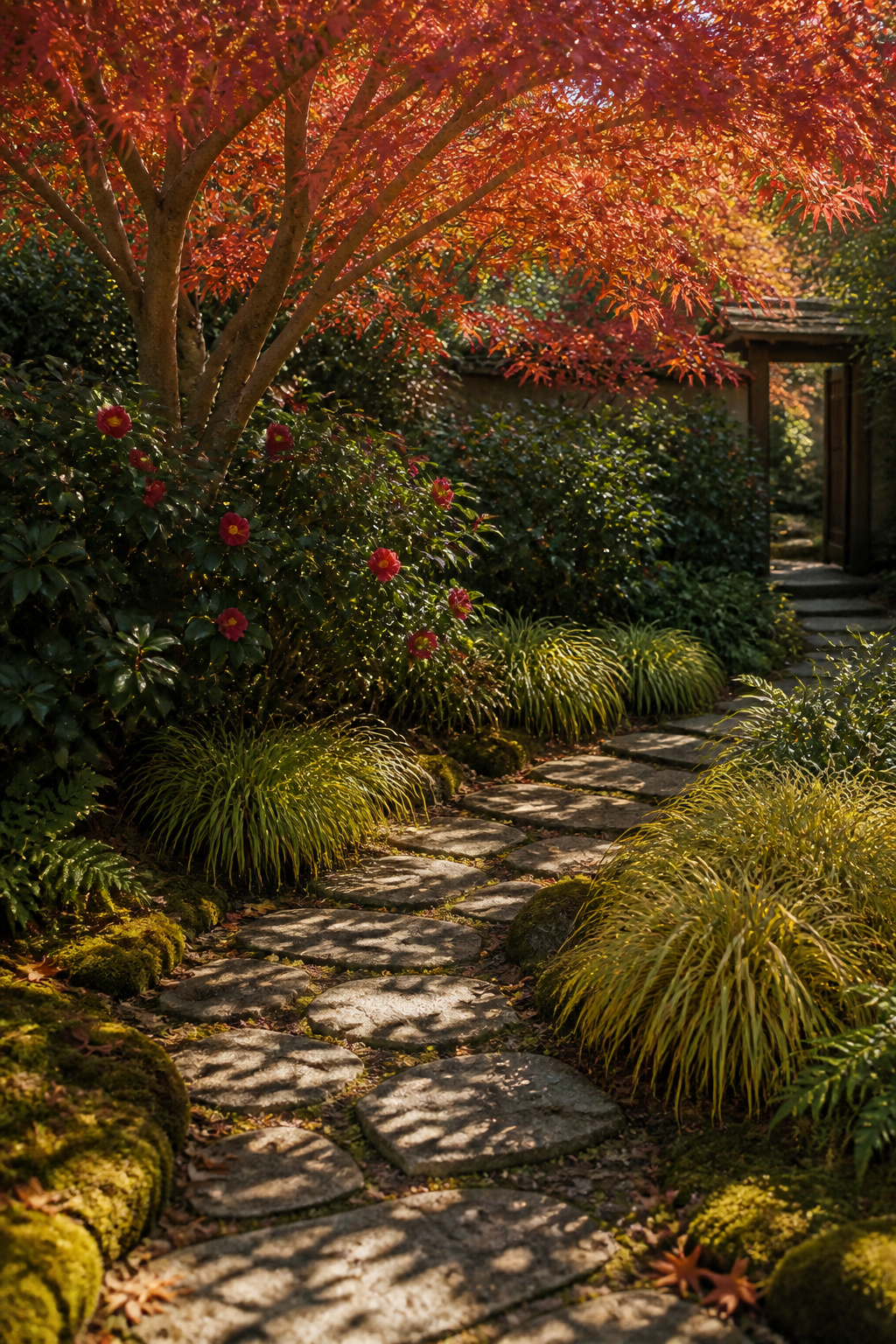 Three planting layers — maple canopy, camellia mid-storey, and Hakonechloa ground cover — create a backyard garden with depth that changes through every season.