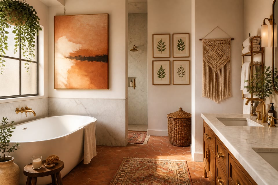 A master bathroom that proves wall art isn't a finishing touch — it's the element that turns a well-designed room into a genuinely personal one.