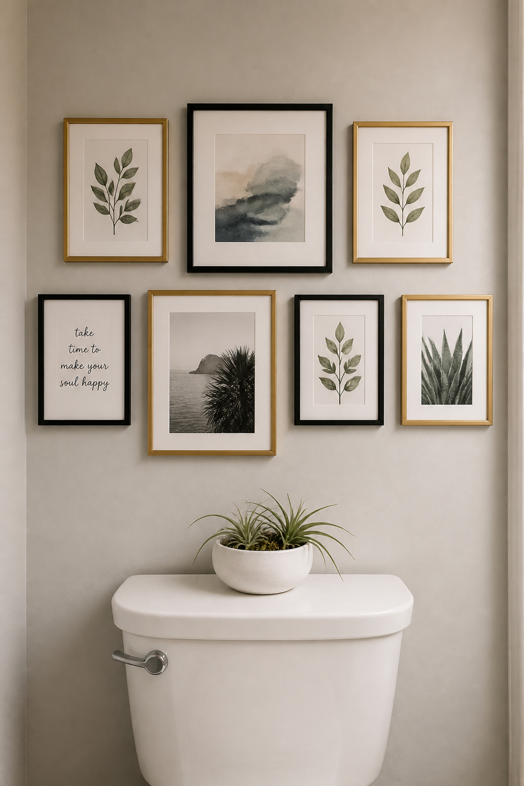 A tight gallery wall of mixed prints in black and brass frames creates the feeling of a collected, personal display above the toilet.