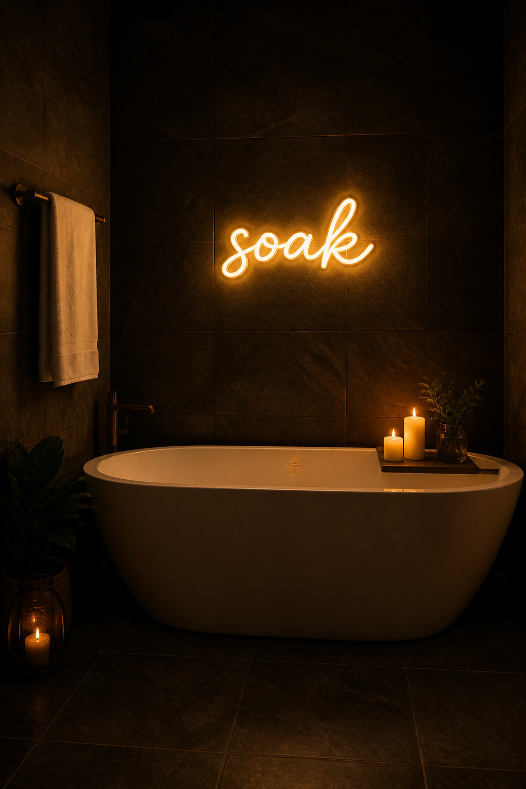 A warm-amber LED neon 'soak' sign above a freestanding bath transforms an ordinary bathroom wall into a spa-style statement.