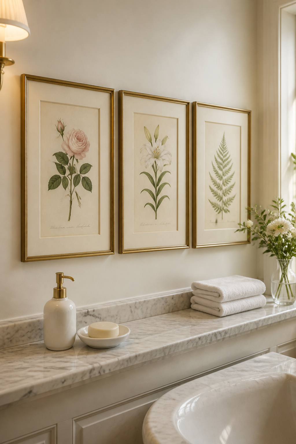 Three matched botanical prints in antique gold frames bring centuries of decorative tradition to a contemporary bathroom shelf.
