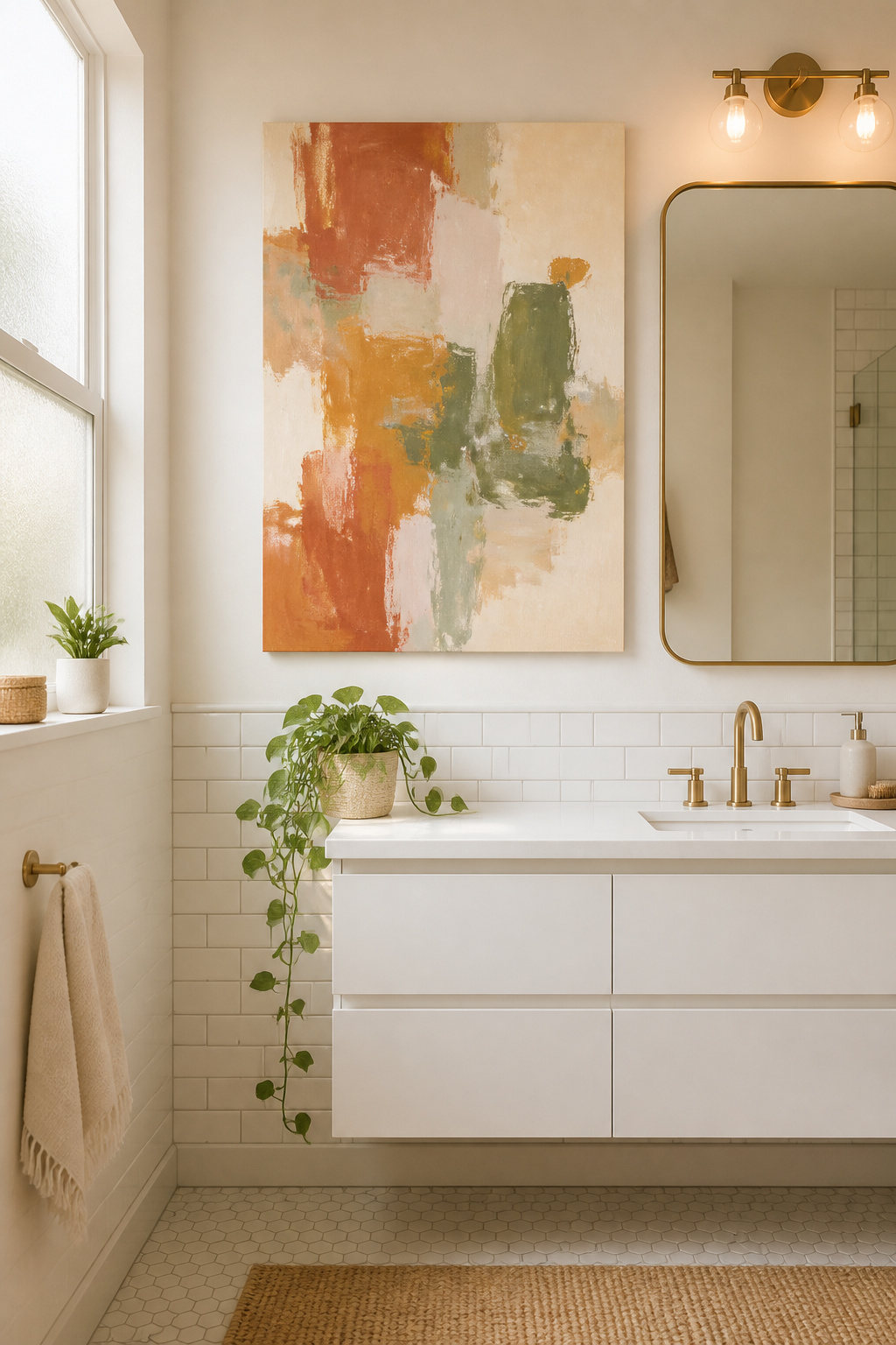 An oversized abstract canvas in warm earth tones creates an immediate focal point above a white vanity — no other wall art needed.